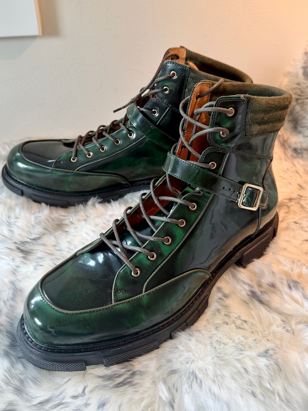 Polished Dark Green Leather Lace-Up Buckle Combat Boots for Men